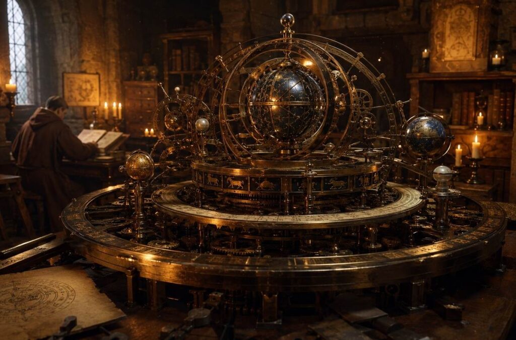 Medieval brass astronomical clock mechanism in candlelit monastery workshop