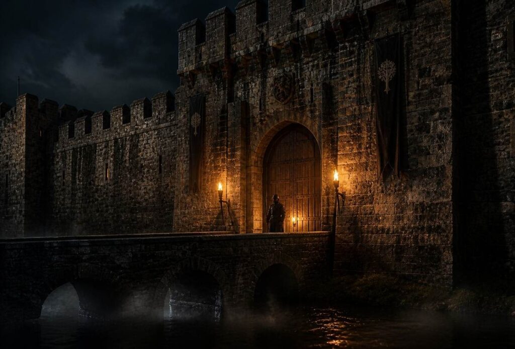 Medieval fortress wall with single guarded gate, torchlight illuminating stone battlements above misty moat