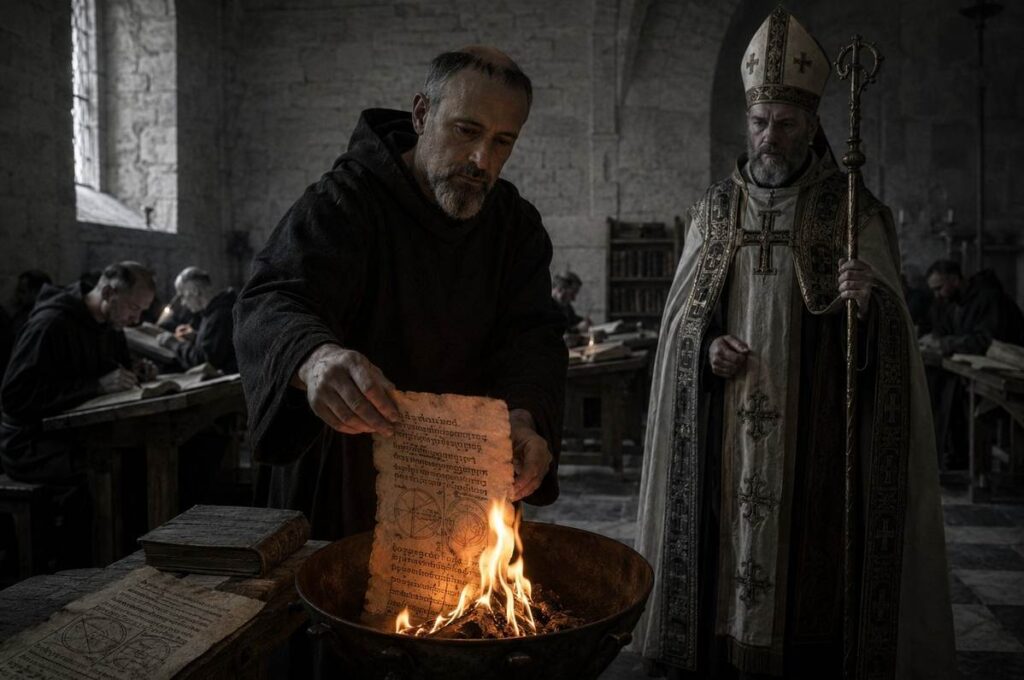 Monk feeding Coptic papyrus into a brazier while a bishop observes in a medieval scriptorium