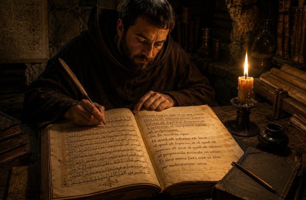 Medieval monk scribe translating Arabic alchemical manuscript into Latin by candlelight in a stone scriptorium