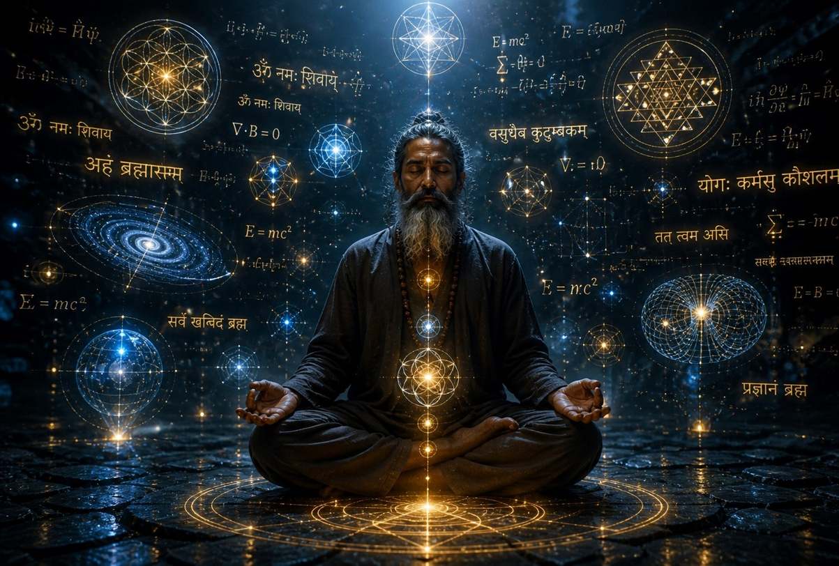A person in deep meditation surrounded by floating geometric light patterns and luminous symbols, representing consciousness attuning to the Akashic field