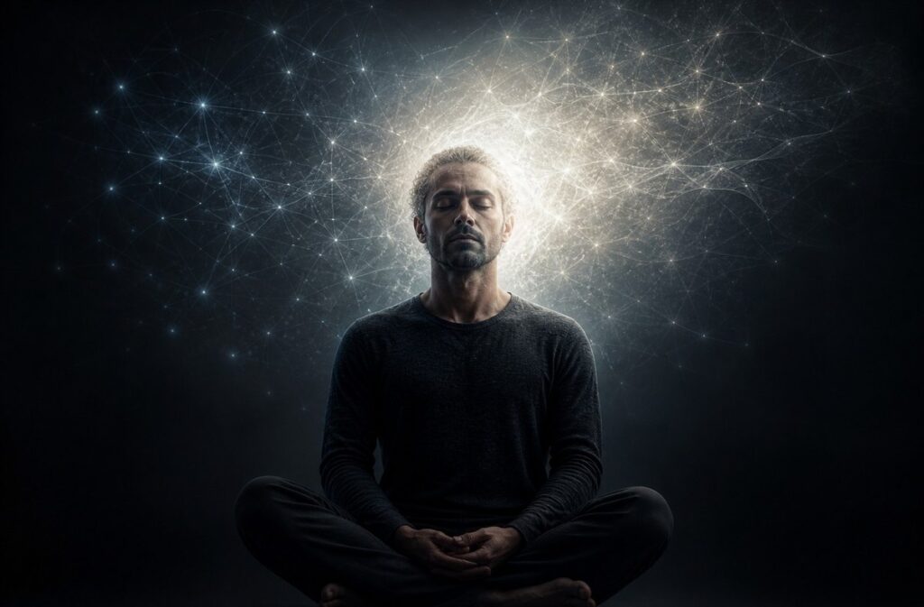 A meditator in deep practice with translucent neural network patterns fading into soft light around the head, representing contemplative DMN modulation