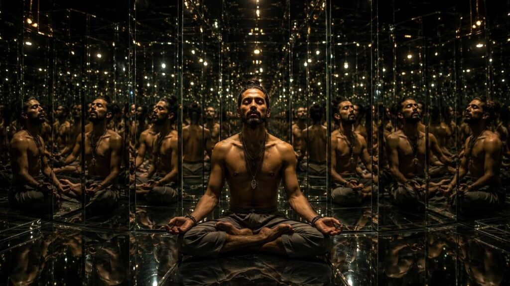 Meditator surrounded by infinite mirrors reflecting endless versions of the observing self