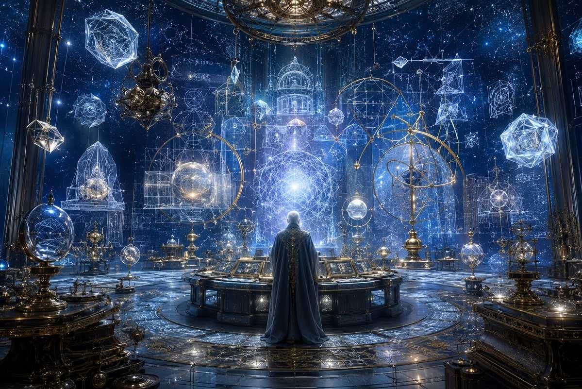 A vast luminous workshop of crystalline thought-forms and geometric mental structures in silver and sapphire light, with a solitary figure observing the construction of reality
