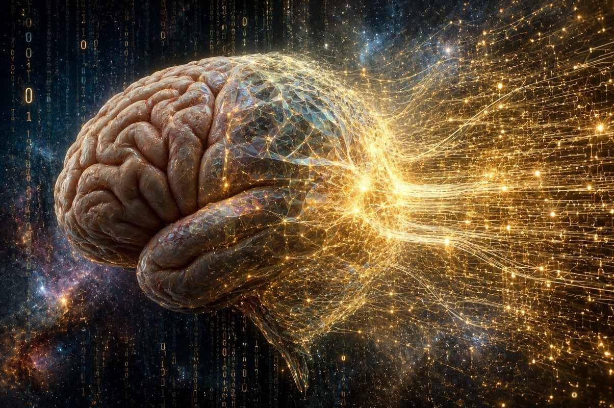 A human brain dissolving into streams of golden light that merge with a vast digital plexus of circuits and nodes, representing the moment of consciousness transfer to silicon