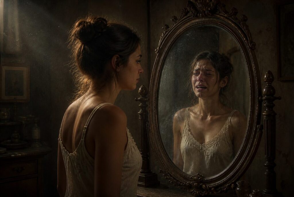 Figure standing before mirror in dim room, reflection showing different emotional expression than physical face