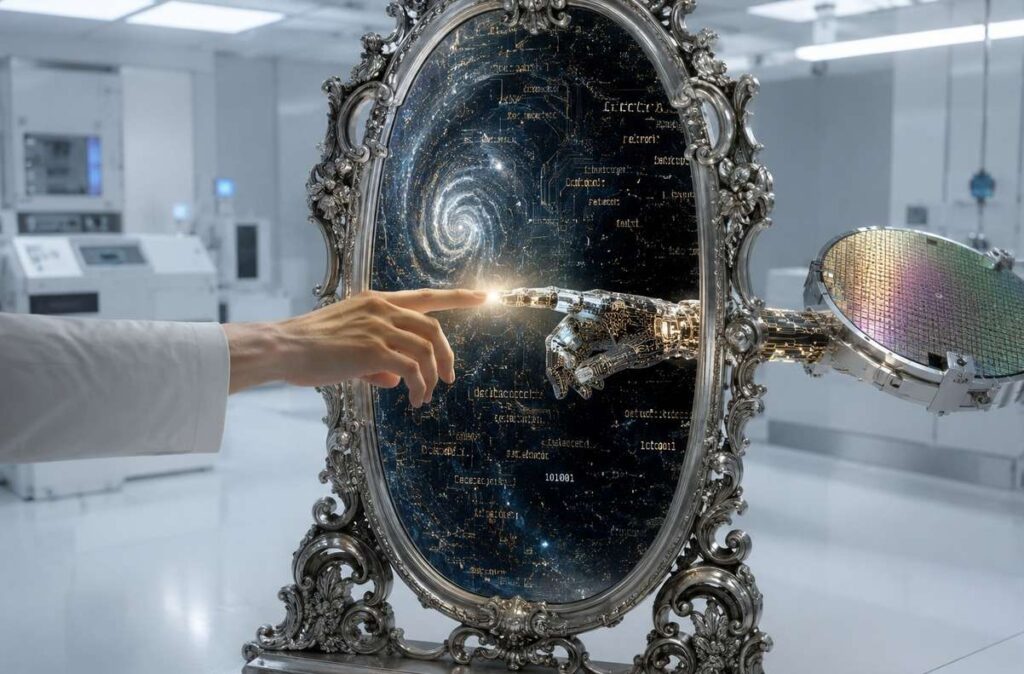 Antique mirror in laboratory reflecting swirling galaxy of circuitry and code