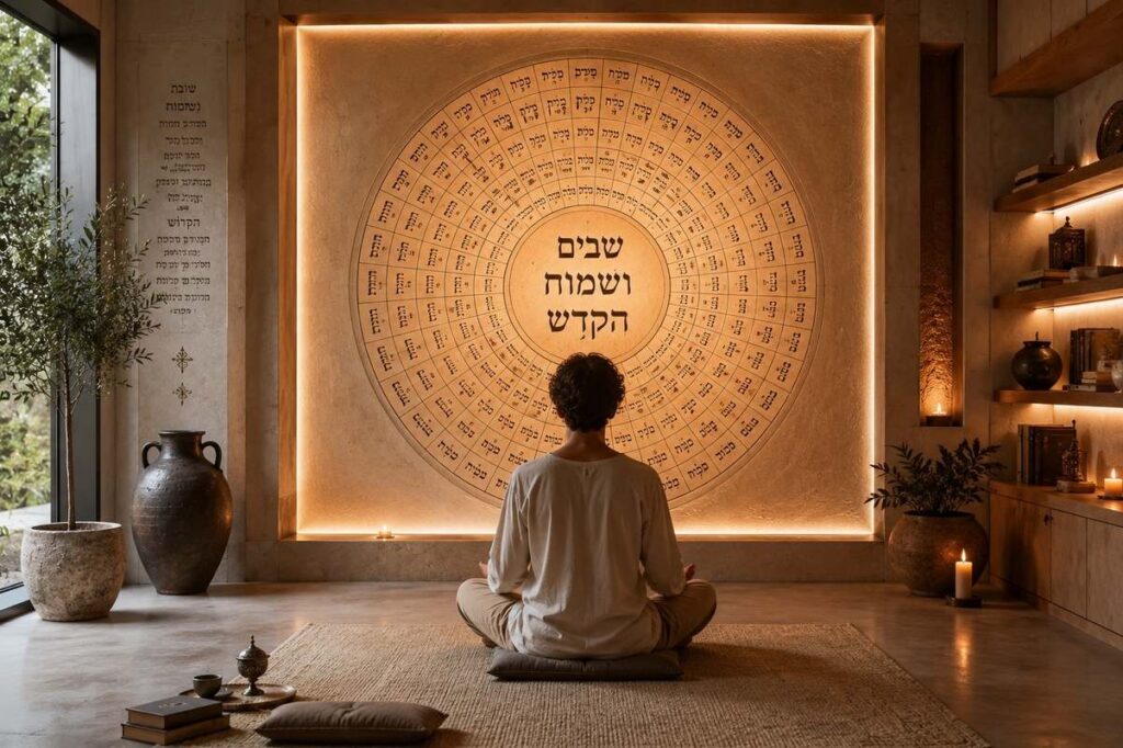 Modern meditation space with person sitting before wall display of 72 Hebrew names