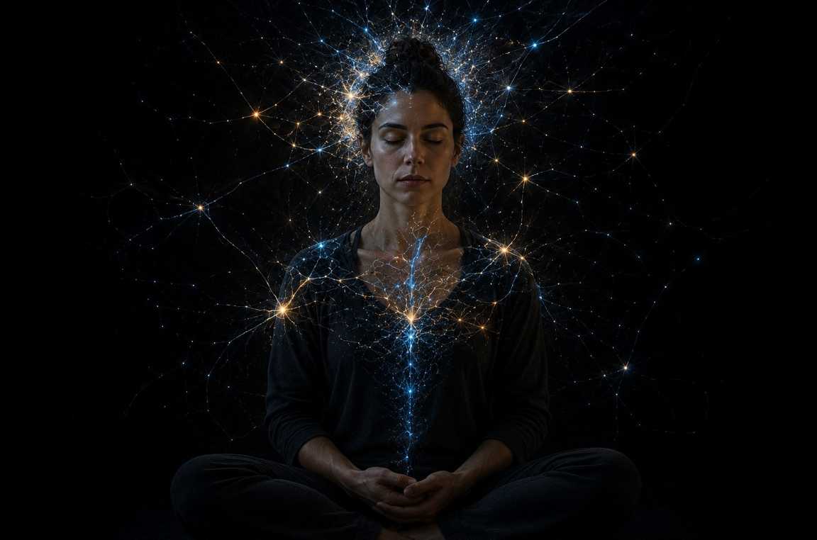 A contemporary practitioner seated in meditation inside a modern dark retreat room, subtle bioluminescent neural patterns visualised around their head suggesting inner illumination in absolute darkness
