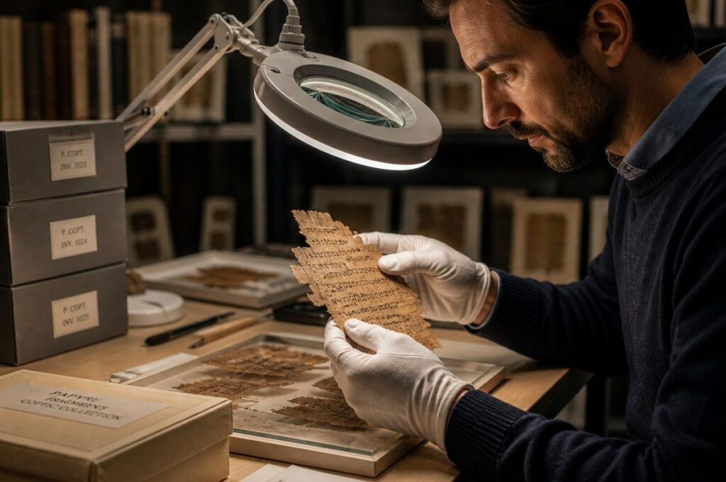 A modern scholar gently examining an ancient papyrus fragment under soft warm light in a conservation studio.