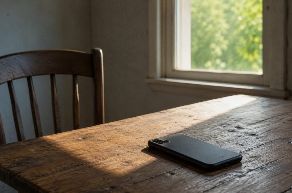 A smartphone left behind on a wooden table in an empty room with soft natural light