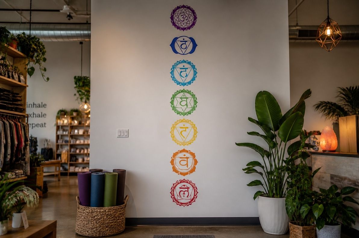 A modern wellness studio display showing seven rainbow-coloured chakra wheels aligned vertically on a wall
