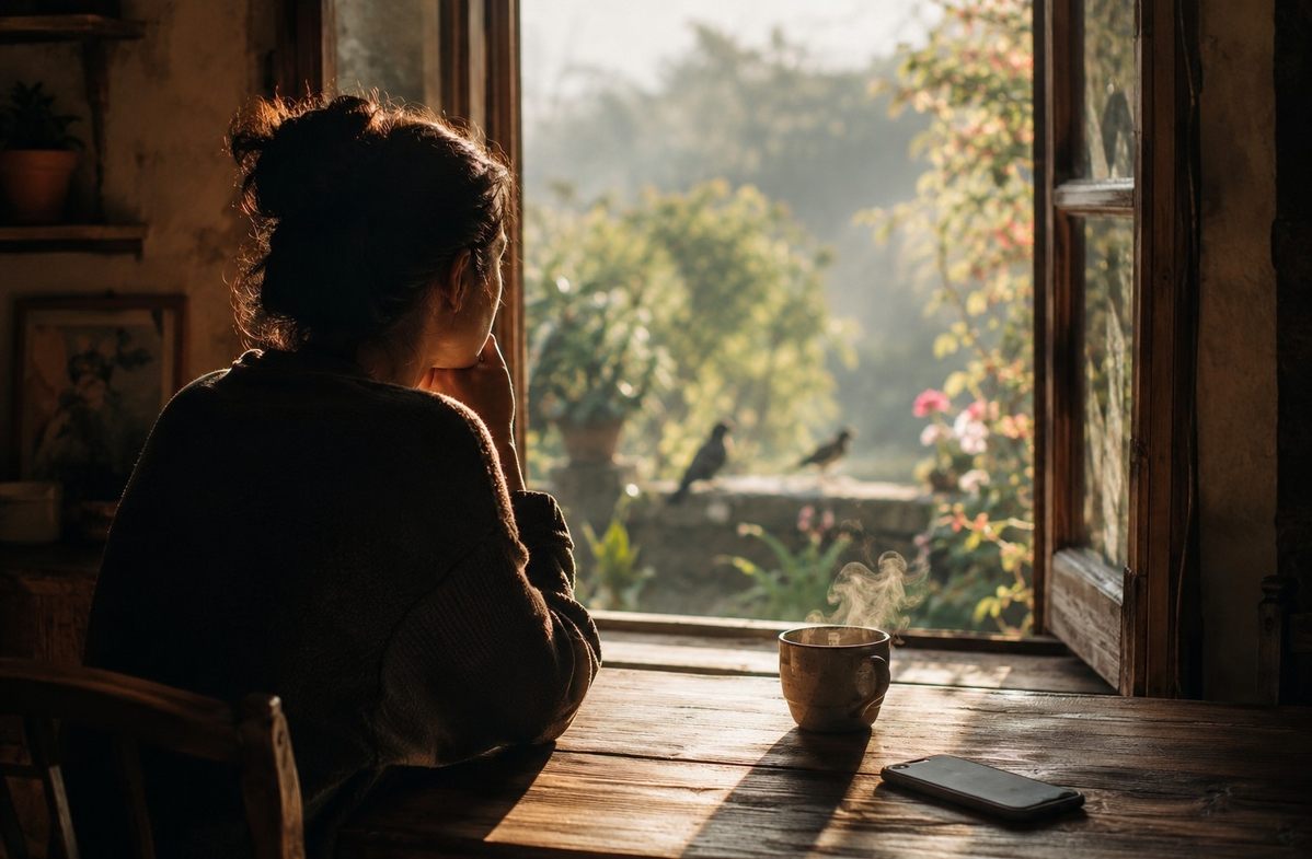 Contemplative figure at dawn window with devices set aside, steam rising from a cup