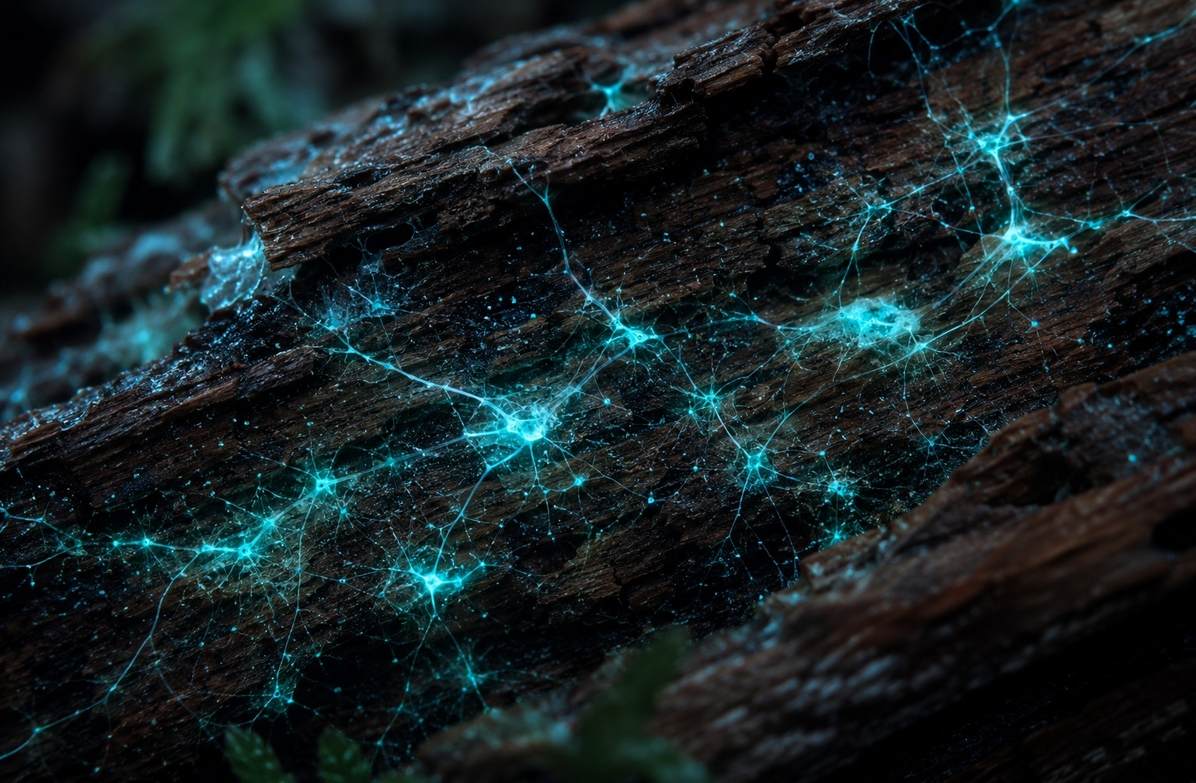 Macro photography of tree bark and glowing mycelium networks resembling neural synapses