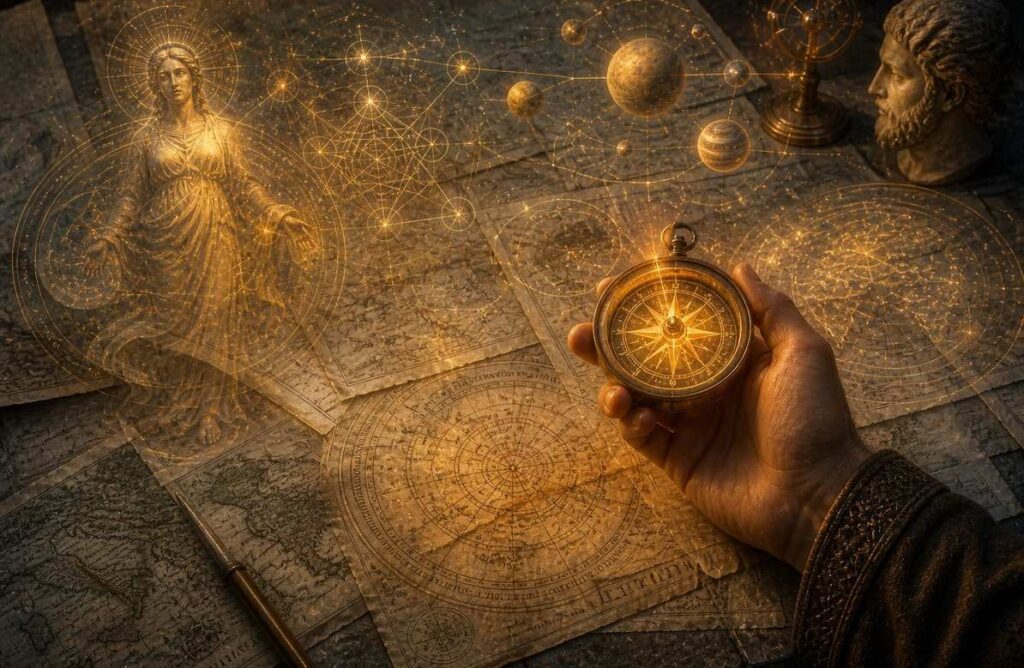 An ancient stone table with translucent maps and star charts, a glowing compass in hand, surrounded by floating geometric symbols and mythic figures.