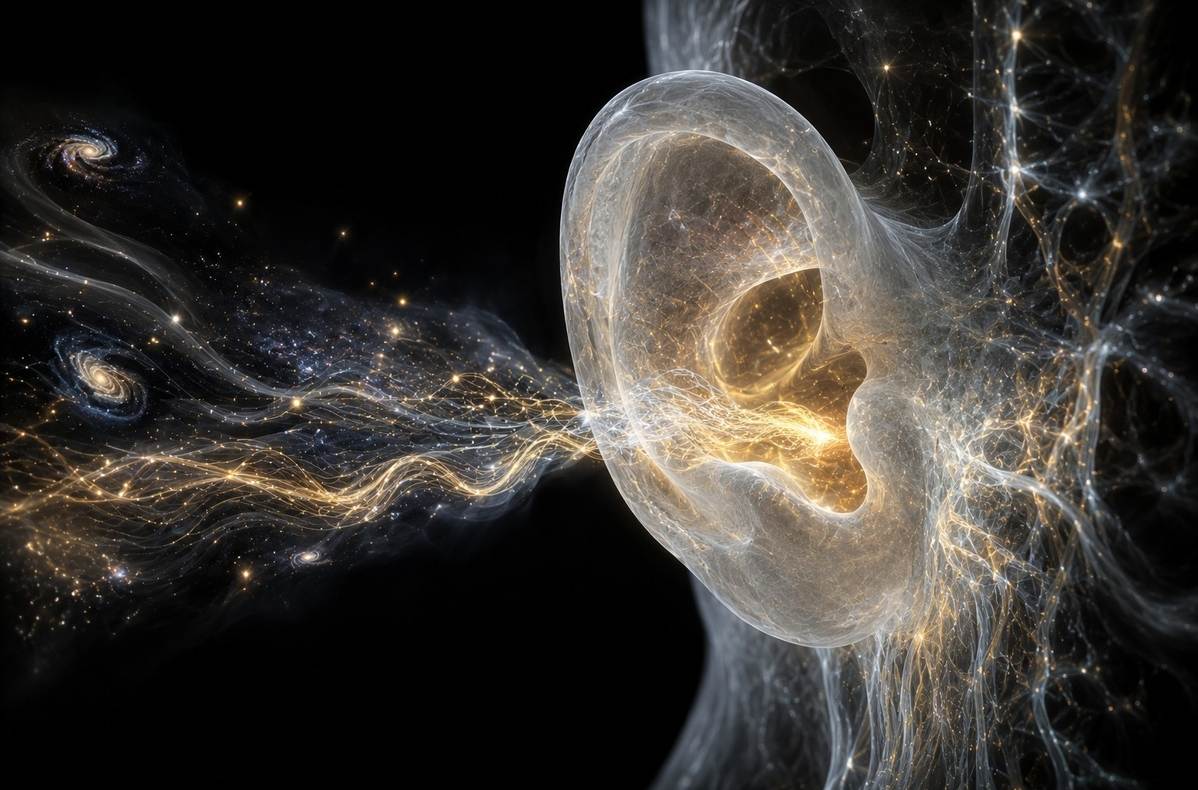 Human ear profile with translucent cosmic sound waves flowing inward against dark void