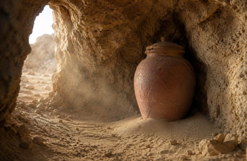 A sealed earthenware jar placed carefully in a desert cave niche with dry sand
