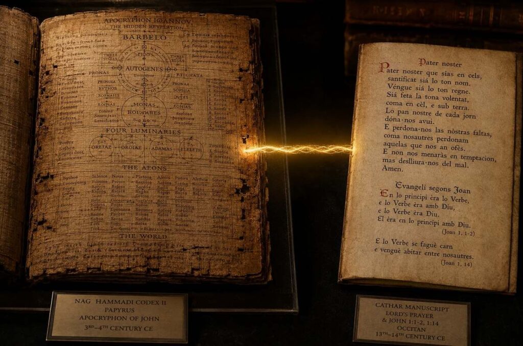 Split composition comparing elaborate Nag Hammadi papyrus with simple Cathar manuscript