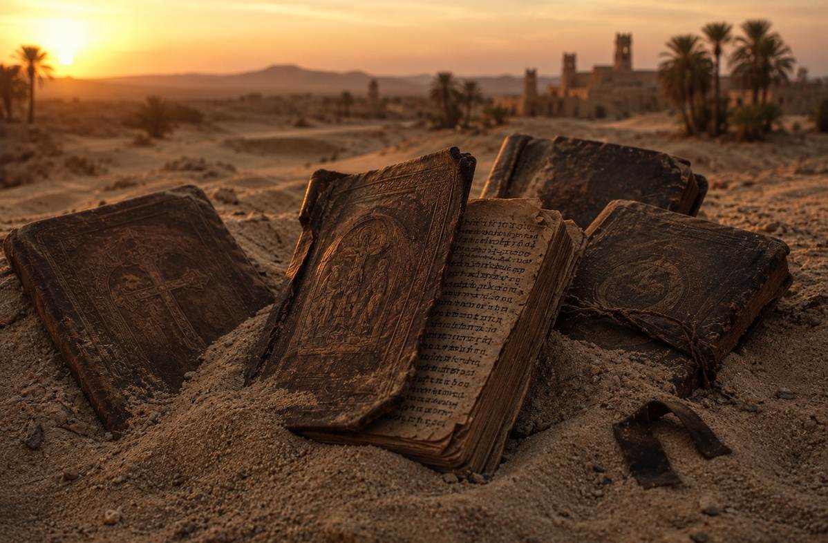 Ancient leather-bound codices emerging from desert sand at twilight