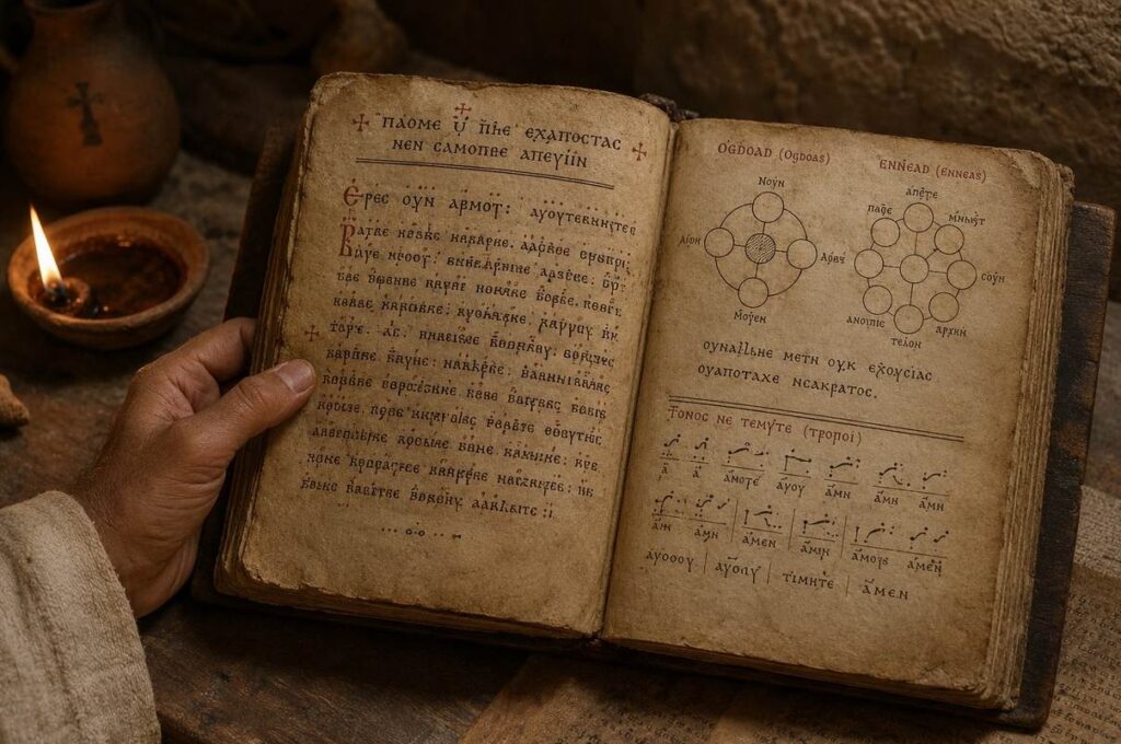 Open Coptic codex from Nag Hammadi Codex VI showing Discourse on the Eighth and Ninth with vowel notations
