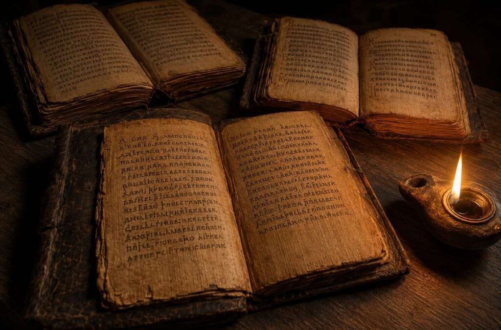 Ancient leather-bound codices with Coptic papyrus pages spread on a wooden table