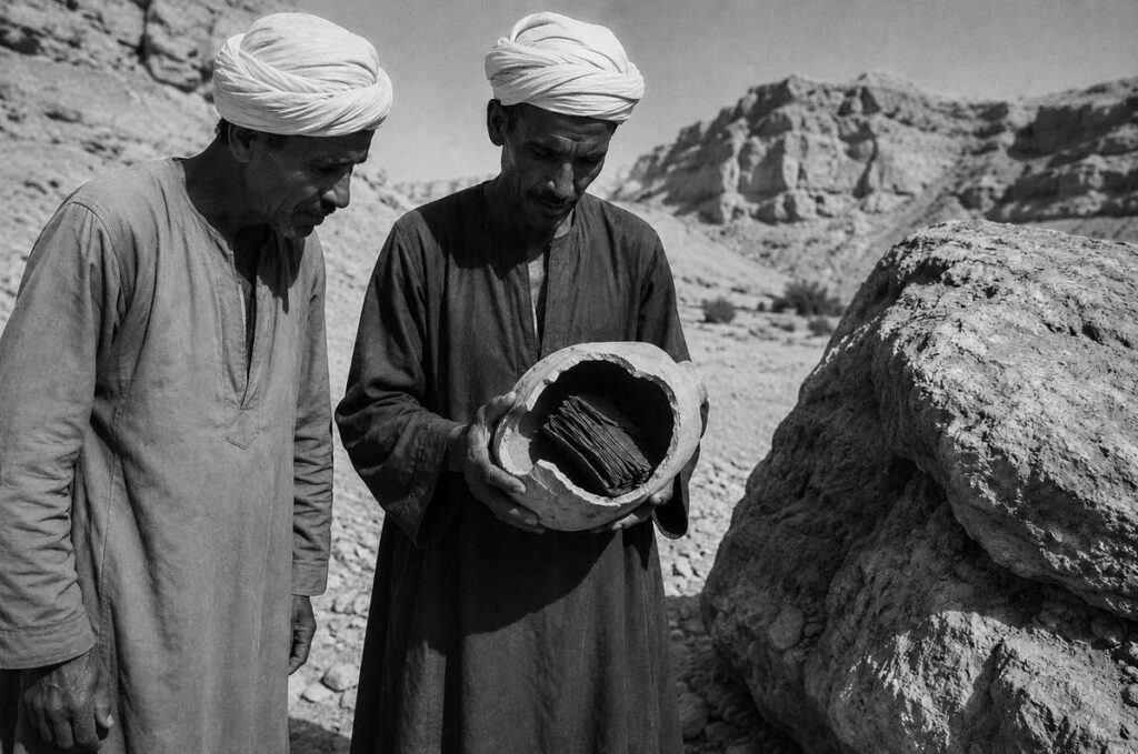 Two Egyptian farmers discovering the Nag Hammadi jar in 1945