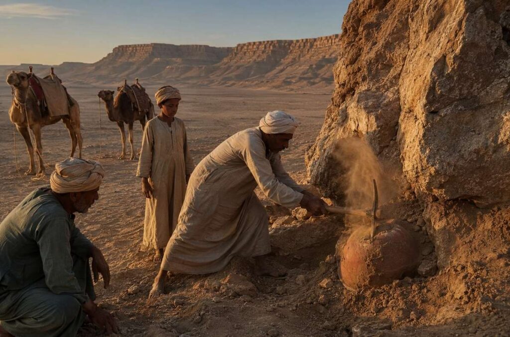 Three figures digging in Egyptian desert at dawn, tools striking a sealed earthenware jar