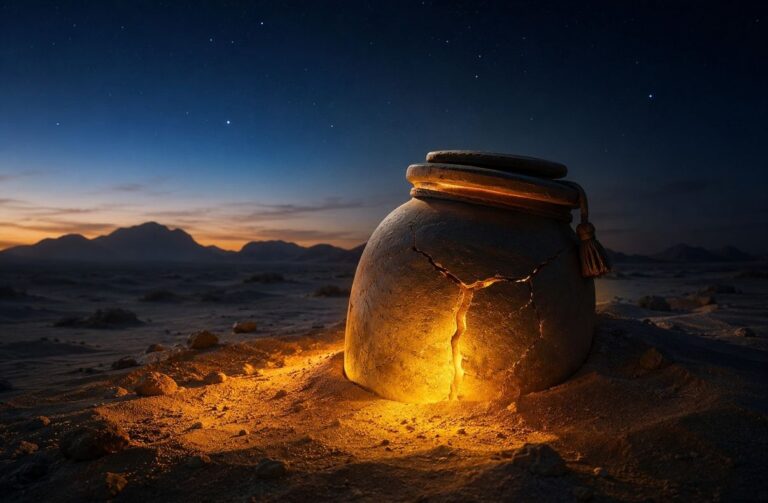 A sealed jar half-buried in desert sand at twilight with golden light emanating from within