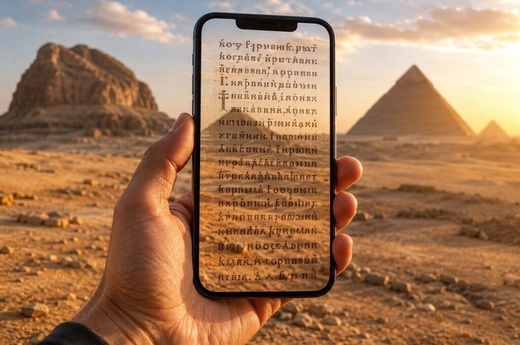 A modern hand holding a smartphone displaying ancient Coptic text against a desert backdrop