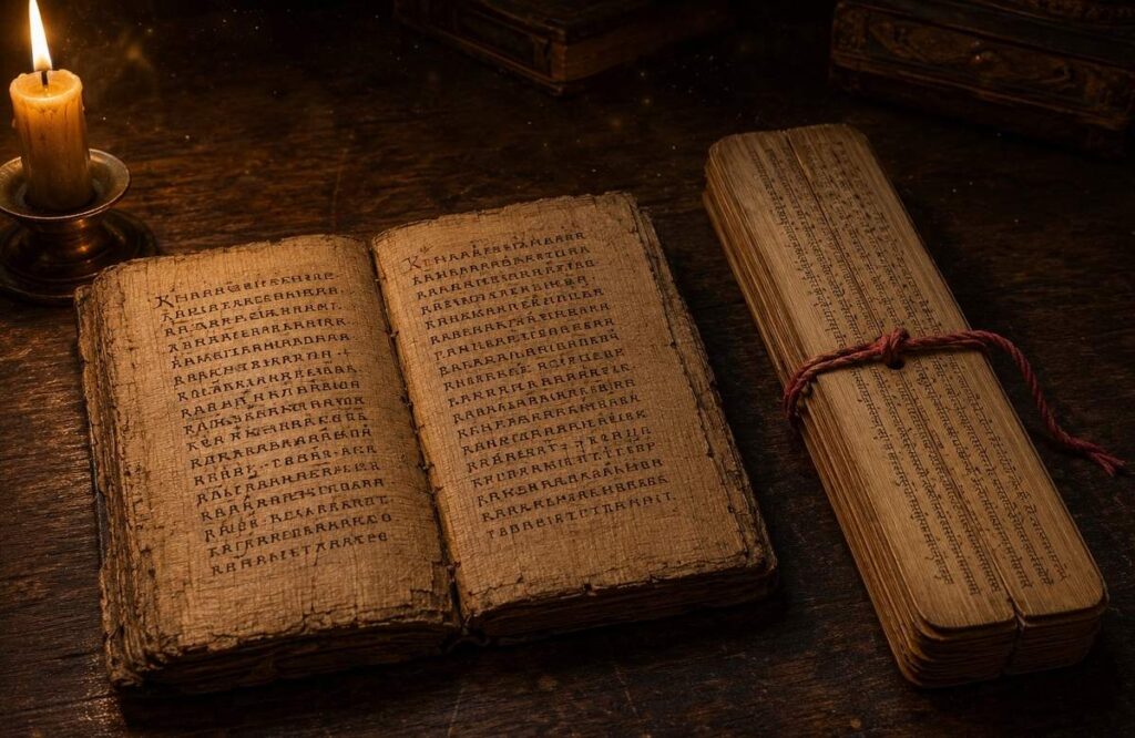 Ancient Coptic Nag Hammadi codex beside a Sanskrit palm leaf manuscript on a scholars desk
