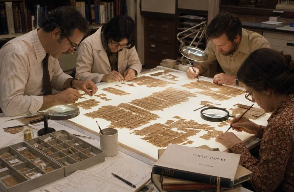 Scholars reconstructing ancient papyrus fragments at a museum worktable