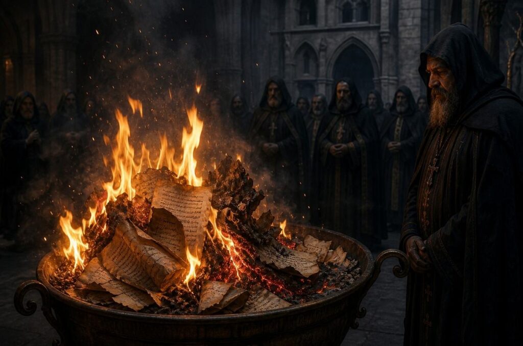 Ancient manuscripts burning in a brazier while robed figures watch