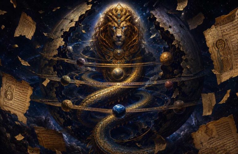 A lion-headed serpent deity coiled around seven planetary rings, representing Yaldabaoth and the archonic hierarchy in Gnostic cosmology.