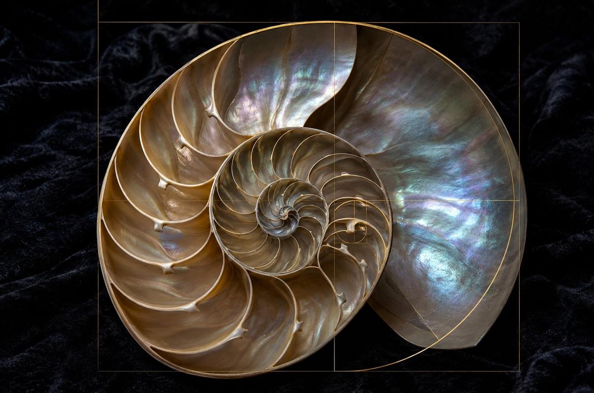 Cross-section of nautilus shell revealing perfect Fibonacci spiral chambers