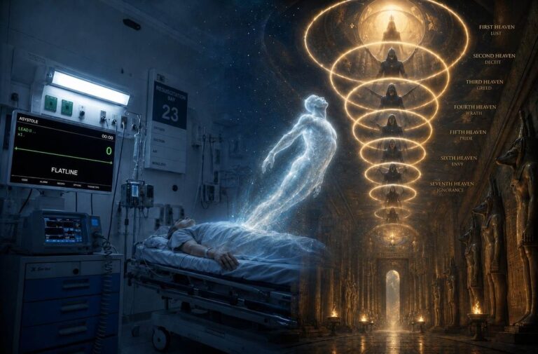 Split composition of hospital resuscitation bay and Gnostic ascent corridor with seven planetary spheres and rising soul.