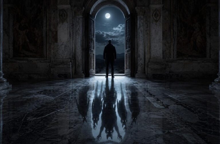 A lone figure at a stone doorway whose reflection shows shadowy predatory entities instead of the person, representing the hidden nature of predatory consciousness.