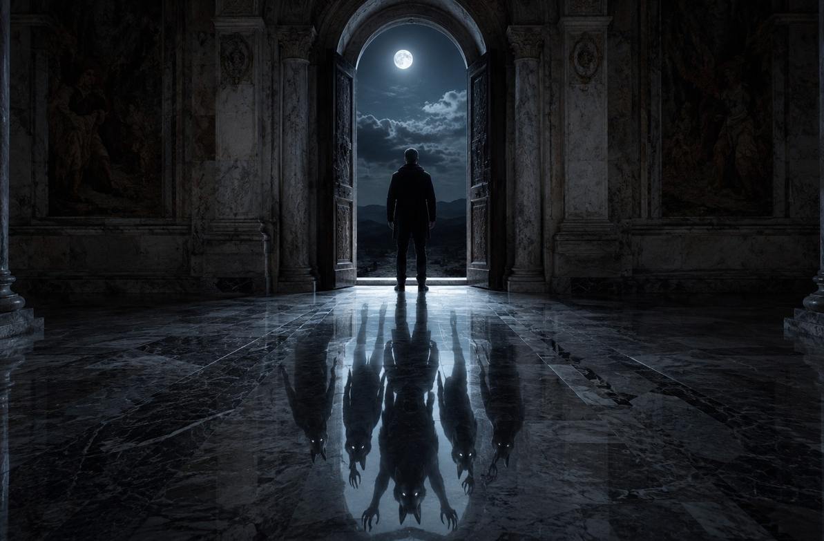A lone figure at a stone doorway whose reflection shows shadowy predatory entities instead of the person, representing the hidden nature of predatory consciousness.