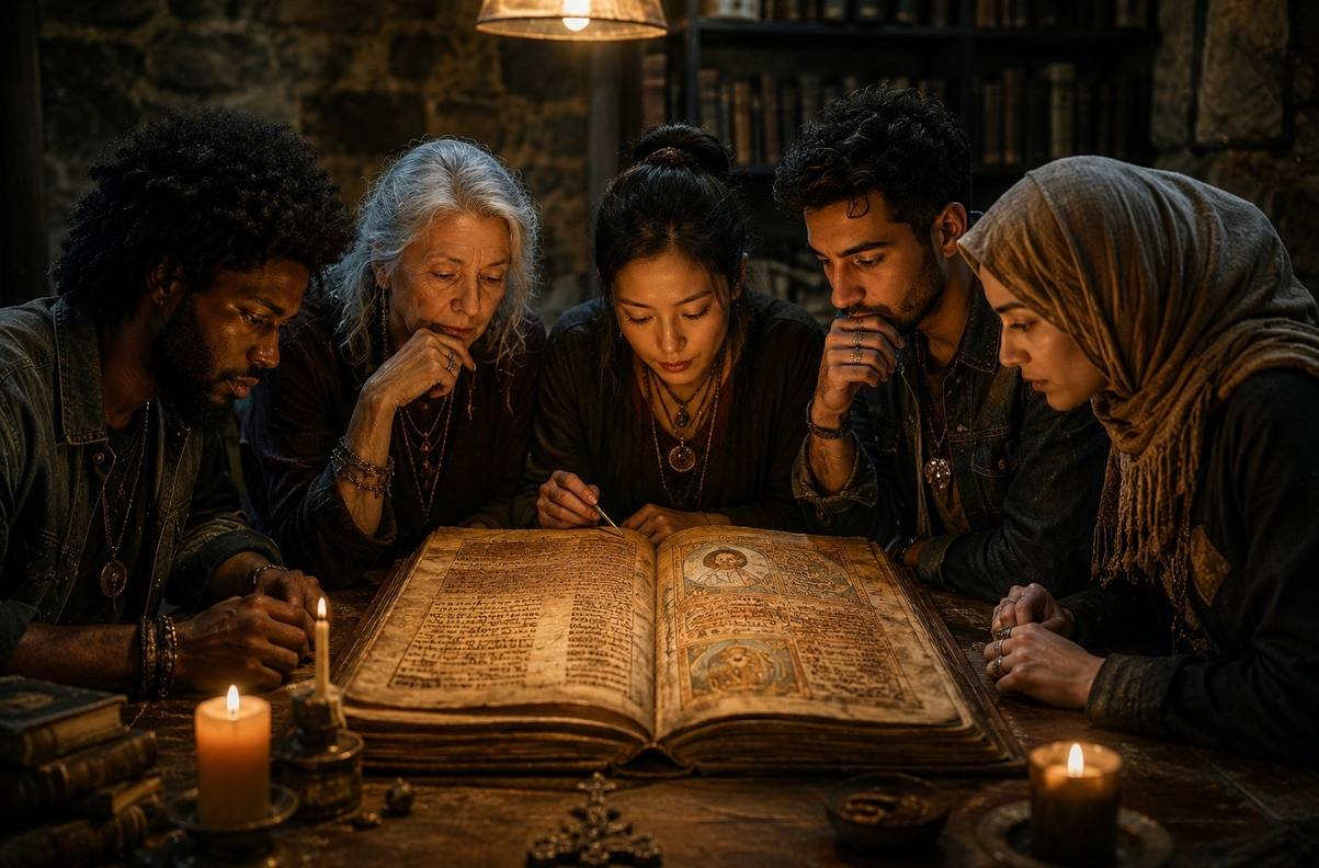 Diverse group of modern seekers gathered around illuminated ancient codex manuscripts