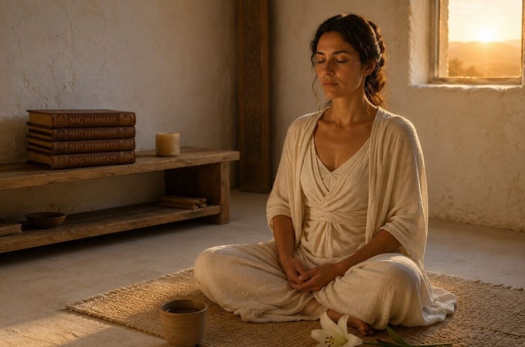 A person meditating at dawn in a simple room with Nag Hammadi texts nearby, representing daily anamnesis practice.