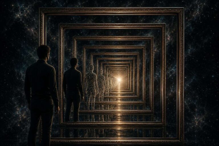 Infinite nested mirror reflections of human figure dissolving into light