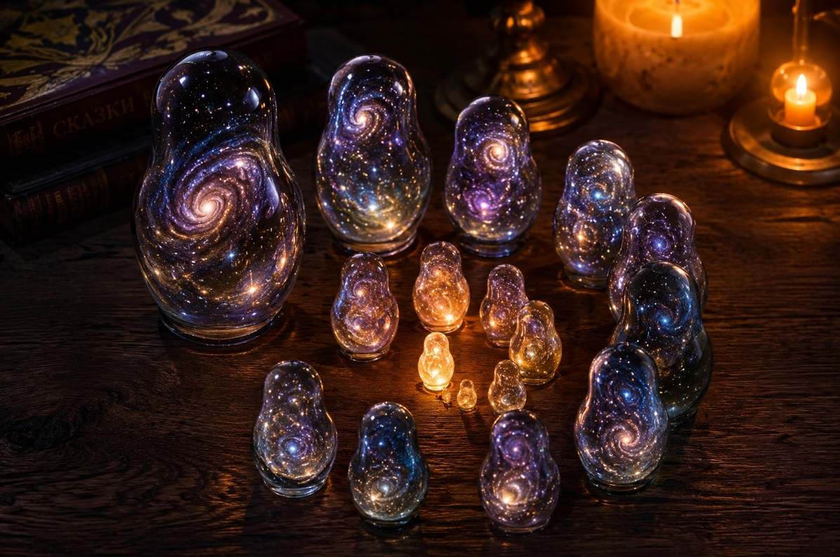 Glass matryoshka dolls containing miniature galaxies arranged in a descending spiral