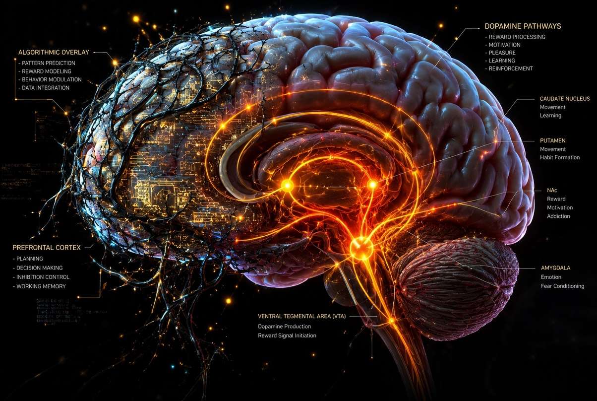Illustrated human brain with glowing dopamine pathways being manipulated by digital tendrils