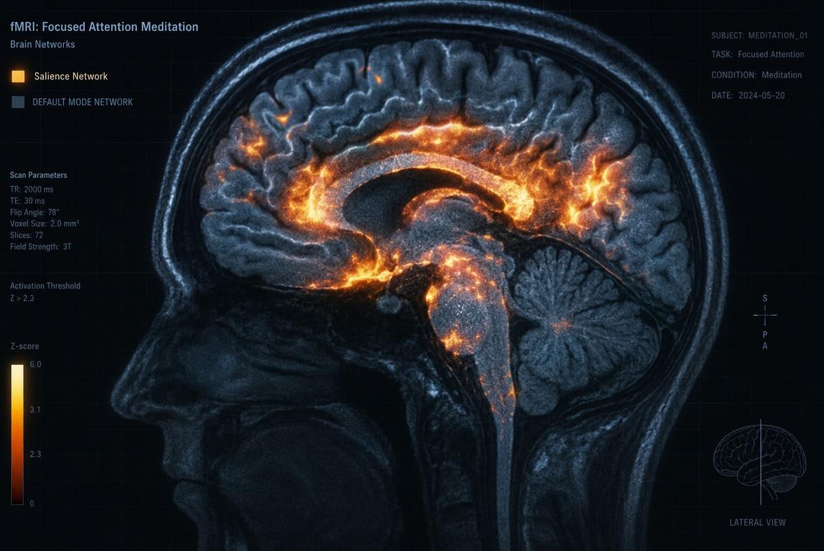 fMRI brain scan showing active neural networks during focused attention meditation