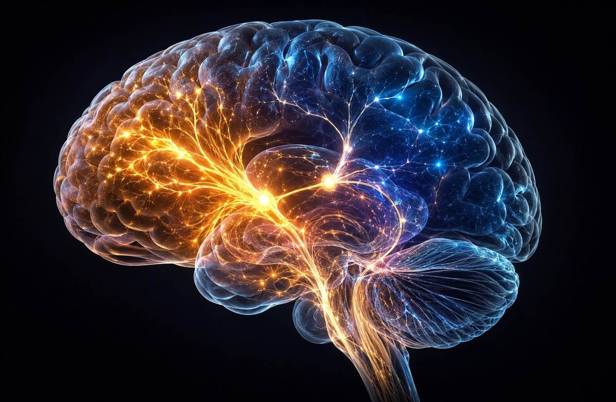 Photorealistic rendering of human brain with luminous sensory pathways activating