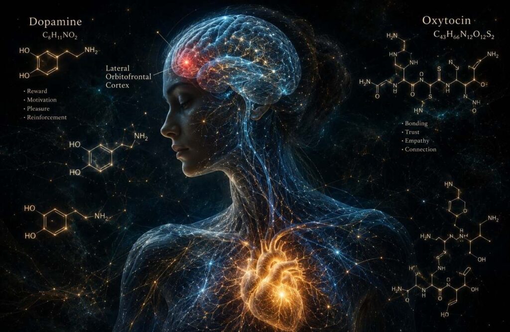 Semi-transparent human figure with glowing neural pathways and neurochemical molecules around brain and heart.