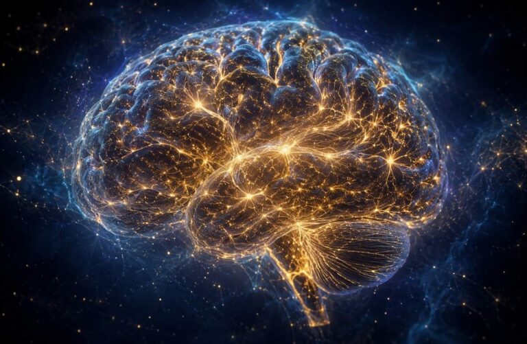 A luminous human brain with glowing neural pathways forming new golden synaptic connections in dark space.