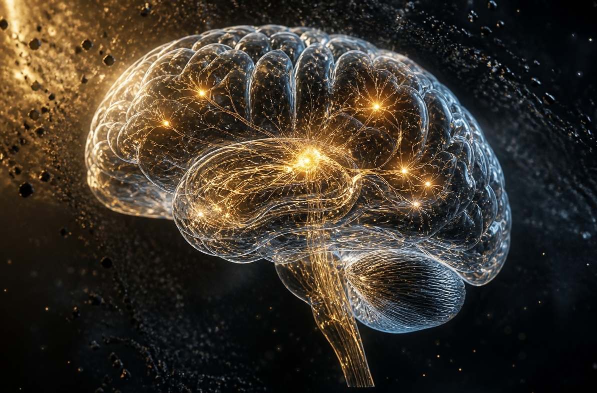 Translucent human brain with golden neural pathways lighting up in focused clusters against dark background