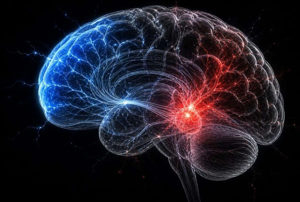 Semi-transparent brain showing amygdala glowing red and prefrontal cortex glowing blue with connecting neural pathways