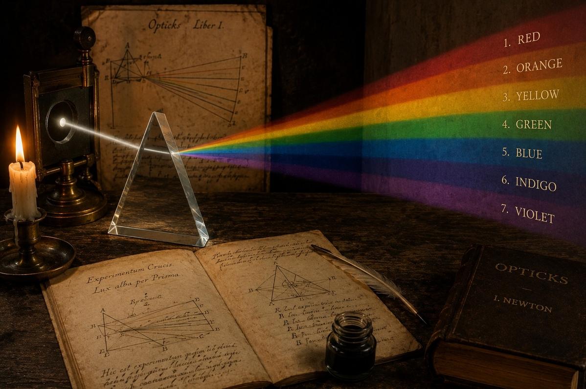 Recreation of Newton's optical experiment with white light splitting into seven spectral bands through a prism.