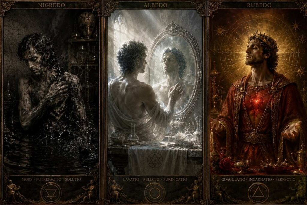 Three-panel composition showing nigredo dissolution, albedo mirroring, and rubedo integration
